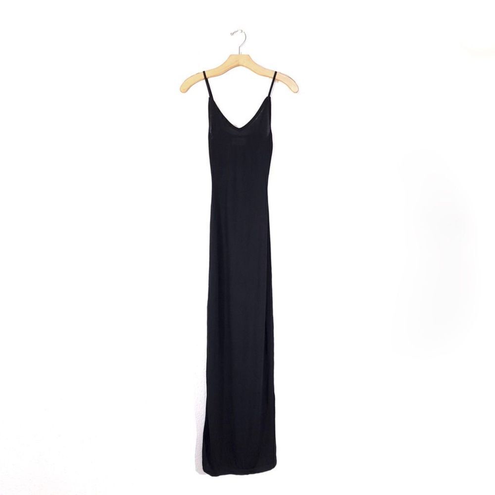 DISSH V Neck Fitted Cami Slip Maxi Dress with Back Slit in Black Semi Sheer XS